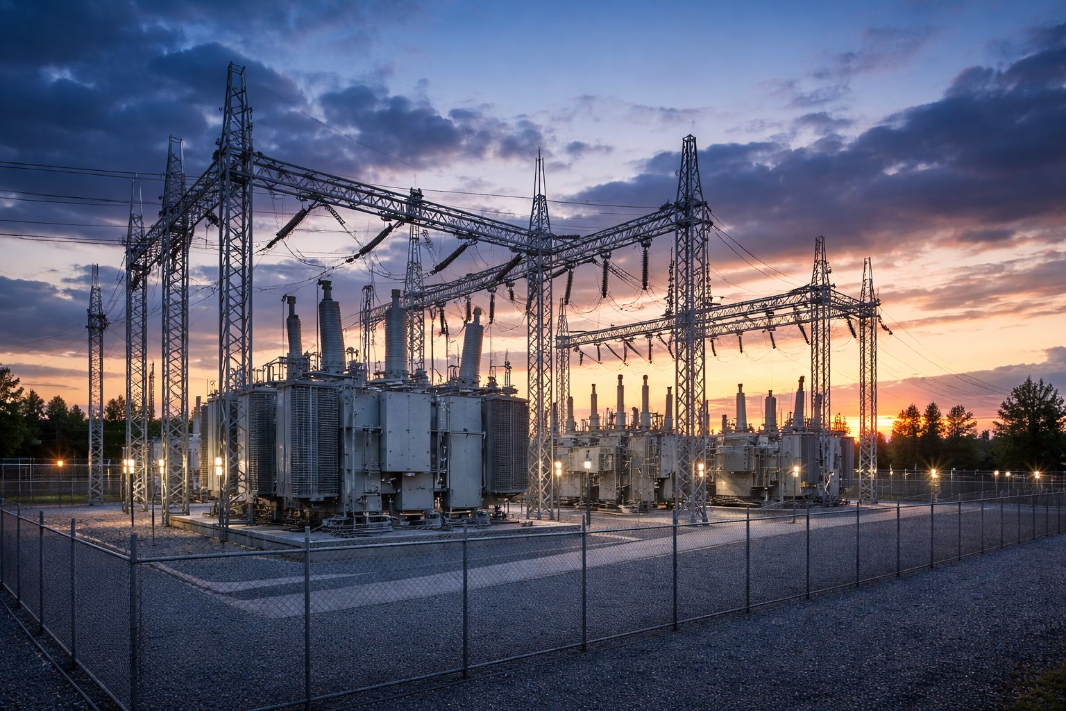 Electrical substation at dusk